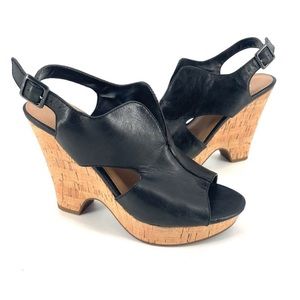 Franco Sarto Gallard Black Leather Open Toe Wedge Cork Sandals